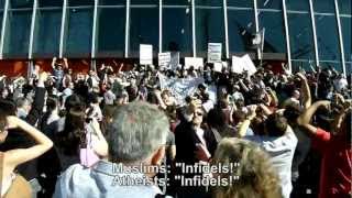 Atheists chant at Muslim protesters