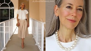 Classic Fashion/Style Over 40/Over 50: Dressy Blush/Ivory Midi Skirt Outfit, Salvatore Ferragamo Bag