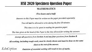 ICSE 2020 MATHEMATICS Specimen Question Paper Solved (Class 10)