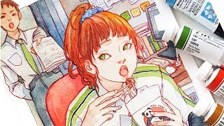 QUICK LUNCH AT WORK - HUNGRY Watercolor series