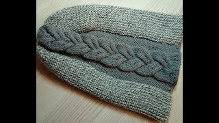 Шапка бини ПЛАТОЧНОЙ вязкой С КОСОЙ спицами .