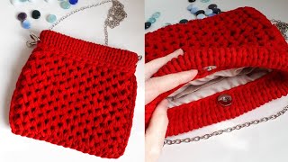 Вязаная сумка спицами из трикотажной пряжи. Crochet bag t-shirt yarn