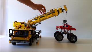 LEGO Technic 42005 Monster Truck being lifted by 42009 Mobile Crane MKII