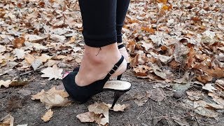 high heels sink and stuck in ground, high heels in forest, high heels popping (scene 102)