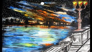 How To Paint Starlit Landscape With Watercolors | Learn To Paint Moonlit Landscape | Color Splash