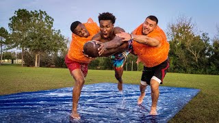THIS IS THE HARDEST I'VE EVER BEEN TACKLED.. KNOCKOUT BUBBLE WRAP FOOTBALL DRILLS!