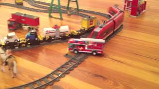 Lego City Fire Truck in Lego Train Crash - Toy Horse and Motorway Towaway Saves the Day!