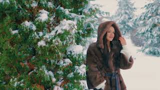 brunette girl in brown fur coat brushes walking in winter time slow motion