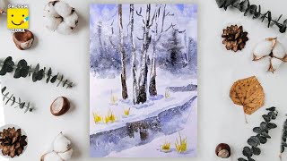 Как нарисовать зимний пейзаж - урок рисования акварелью поэтапно для детей от 8 лет и взрослых
