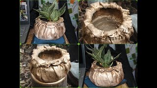 Easy Cement Pot Making at Home - Beautiful Pot Gold Effects - How to Make Cement Pot