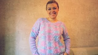Летний вязаный пуловер со жгутами и ажурными полосками. Спицы. МК. Очень простой!