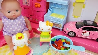Baby doll Hello Kitty house and car toys play