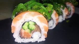 Uramaki Sushi Roll - Salmon Cucumber and Wakame