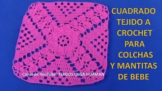 Cuadrado a crochet flor con hojitas para tejer cobijas de bebe y colchas