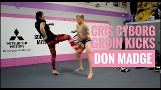 Cris Cyborg kicks UFC Star Don Madge in the groin to test the diamond cup