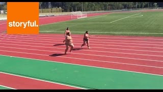 Sumo Wrestlers Sprint Down Race Track (Storyful, Funny)