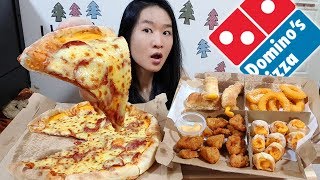 DOMINO'S CHEESY FEAST! Cheddar Cheese Crust Pizza, Onion Rings, Bread Sticks | Eating Show Mukbang
