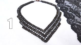 Black bicone necklace/Beaded necklace/Черное колье из бисера и биконусов/Колье из бисера/1