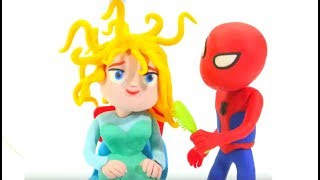 Spiderman Brushes Frozen Elsa Hair - Play Doh Cartoons & Superhero Babies Stop Motion Movies
