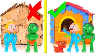 KIDS BUILDING A CARDBOARD HOUSE VS STRONG BRICKS HOUSE  ❤ SUPERHERO PLAY DOH CARTOONS FOR KIDS