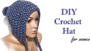 Шапка крючком с помпоном и галстуками МК / Crochet hat pom-pon hat DIY