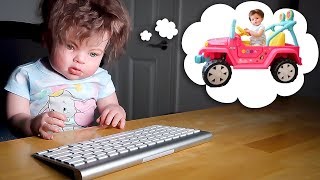 Reborn Toddler Baby Doll Sneaks Out of Bed to Buy Pink Barbie Power Wheels Jeep Car
