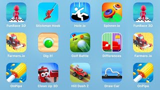 Fun Race 3D, Stickman Hook, Hole.io, Spinner.io, Farmers.io, Dig it, Golf Battle, Differences