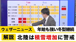 北陸を中心に積雪急増 年始も強い冬型継続