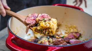 Dutch Oven Moulard Duck Breast Recipe with Potatoes, Garlic, Onion and Parsley | DUCKCHAR