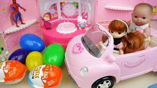 Baby doll pink car and surprise eggs toys bag play