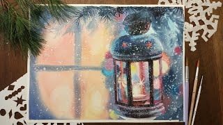 Акварель. Рисуем новогодний фонарь... Watercolor christmas card