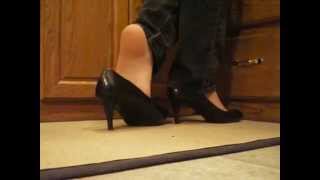Candid dipping jeans, nylons and heels