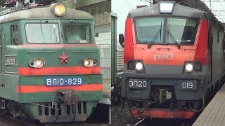 Встреча ВЛ10-829 с грузовым поездом и ЭП20-019 "Олимп" с двухэтажным поездом №103