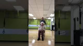 93 year old grandma laughing while working out - laughing like Tickle Me Elmo.