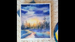 Картина акварелью "Зимний пейзаж". Spead painting.