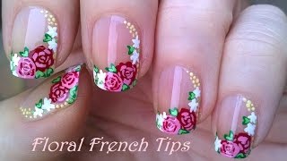 SIDE FRENCH MANICURE In Floral Nail Art Design Using Acrylic Paint