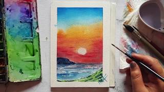 Watercolour Landscape | Orange Sunset Painting | Easy to paint