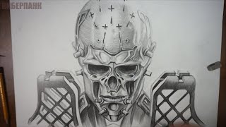 Киберпанк art Cyberpunk, череп робота, рисунок
