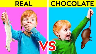 REAL VS CHOCOLATE FOOD || Funny Sweet Prank by 123 GO! PLAY