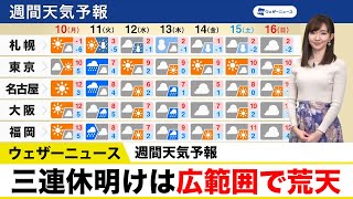週間天気予報　三連休明けは広範囲で荒天