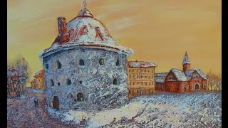 Рисуем старый город  акрилом и маслом с помощью структурной пасты КРУГЛАЯ БАШНЯ.