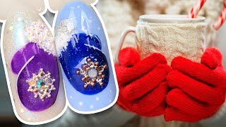 ❄ Тёплые Варежки с Блёстками Зимний Дизайн Ногтей со Стразами Рисунок Гель-лаком Зимний Маникюр