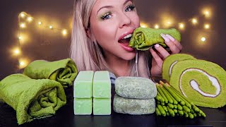 ASMR EDIBLE TOWEL CREPE CAKE, POCKY, ROLL CAKE, HONEYDEW MELON ICE BAR, MATCHA PARTY MUKBANG 먹방 FAIL
