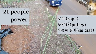로프(rope),도르래(pulley),21명 힘(21 people power),트럭 끌기( car drag),도르래 원리,아보리스트,绳子，皮带轮，21人动力,汽车阻力，皮带轮原理