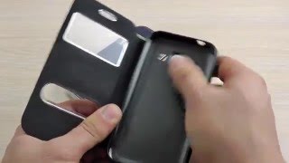 ОБЗОР: Фирменный Кожаный Чехол-Книжка для Samsung Galaxy J1 Duos SM-J100 с Окном "Duomili"