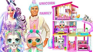 Unicorn Family Moves into Barbie Dream House with Custom LOL Surprise Dolls