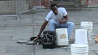 Boston street drummer: plastic buckets