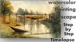Watercolor technique: How to Paint a simple landscape easy process