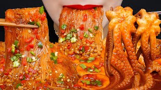 ASMR Spicy Enoki Mushroom, Octopus Mukbang eating show (No Talking)ㅣ매운 팽이버섯,새송이버섯,낙지 먹방ㅣRED ASMR