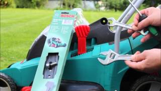 How to: replace / change blade of Bosch Rotak cordless electric Lawn mower 43, 40, 37, 34, 32, 36 LI